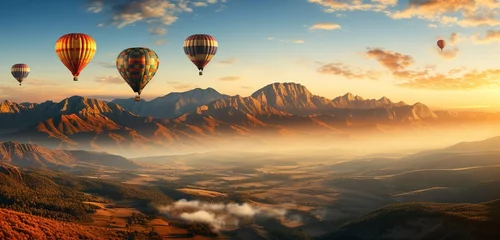 Foto op Plexiglas Hot air balloon at sunset with mountains. Craeted with Ai © Art Impression