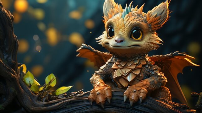 A fantasy dragon in fairytale forest, with a kind smile on his face.