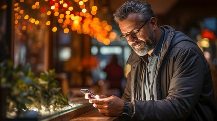 A happy middle-aged businessman wearing glasses stands in a hotel and makes an order on a smartphone. - obrazy, fototapety, plakaty