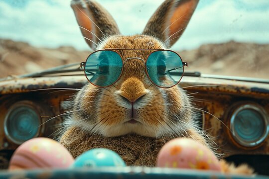 Bunny Boss - A bunny wearing sunglasses and a pair of glasses, sitting in a car with a collection of eggs and easter bunnies. Generative AI