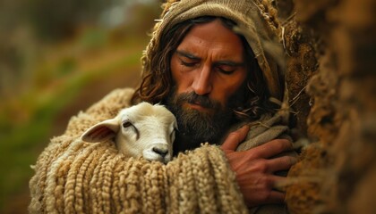 jesus holds a sheep in his arms