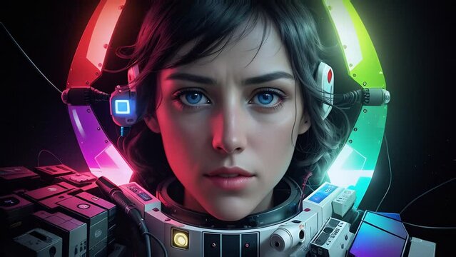 surreal portrait female astronaut in luminous spacesuit. technologies future.