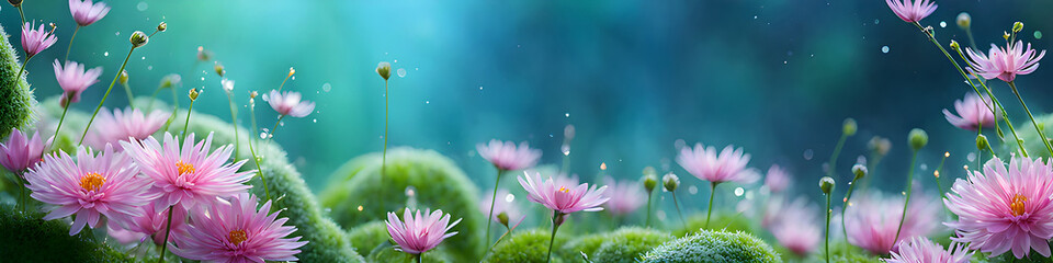 pink purple flowers spring meadow graphic macro background banner, free space with bright blue