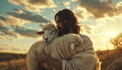 jesus holds his sheep in front of clouds