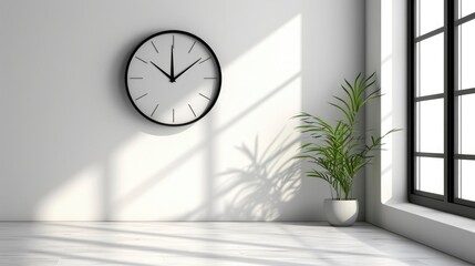 A minimalist clock, its sleek face devoid of numbers, time marked only by the subtle movement of light and shadow,