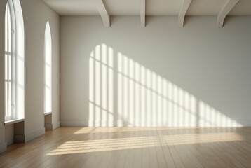 Modern empty room with window and large white plain wall with shadows.