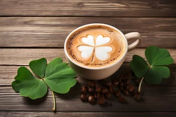  Top vies cup of coffee latte with Clover leaf shape foam and coffee beans on old wooden background © Nutjaree