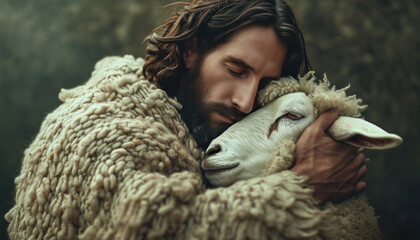 jesus holds a sheep in his arms