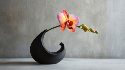 A modern vase, sculpted from matte black ceramic, its clean lines contrasting with a single,...