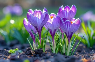purple crocus blooming in a spring garden