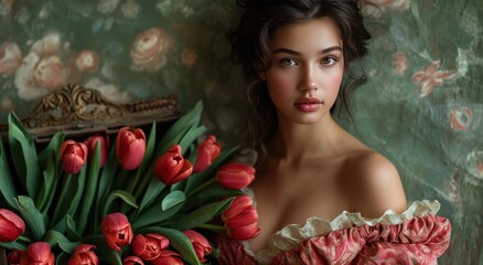 girl in beautiful dress holding a box of tulips