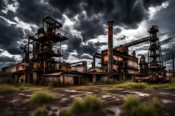 Fototapeta na wymiar Abandoned industrial area with rusty machinery under a stormy sky