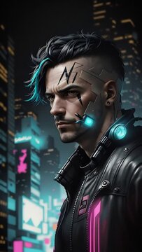 close up portrait of cyberpunk man against background of night city. futuristic man of future.