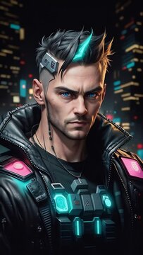 futuristic close up portrait of cyberpunk man against background of night city. vertical.