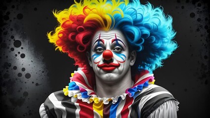 funny smiling black and white clown in bright multicolored wig and costume.