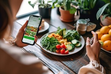 Fototapeta na wymiar Person using smartphone app to track calories and macronutrients, managing diet and maintaining healthy lifestyle, Generative AI