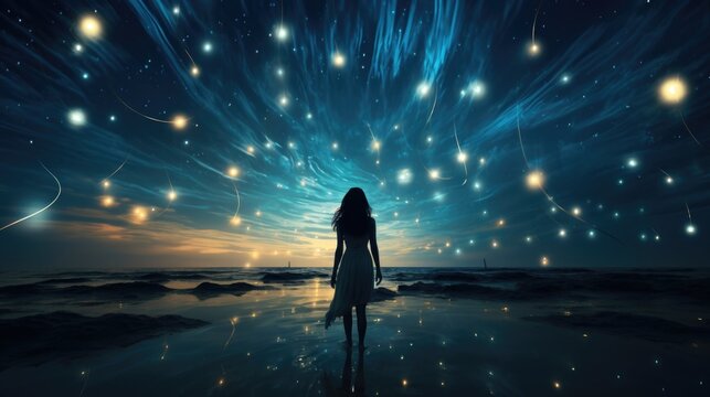 A woman gazing into a starry night sky with radiant light trails over the sea.