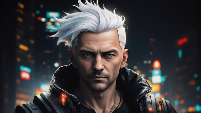 futuristic man of future. portrait of cyberpunk man against background of night city. generative AI.