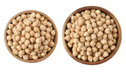 Chickpeas in a wooden bowl. Isolated on transparent background.