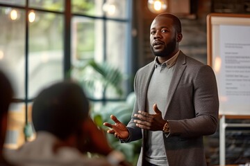An engaging African American man delivers a dynamic corporate presentation. Captivating his audience, he shares insights within a professional boardroom setting, Generative AI - obrazy, fototapety, plakaty