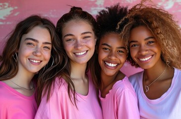four young women wearing pink shirts and smiling