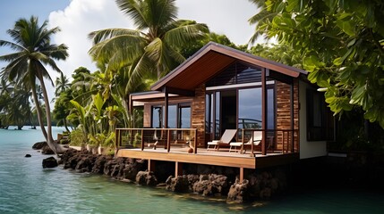 Tropical water villa bungalow and wooden bridge over the turquoise water sea for summer vacations and holiday concept.