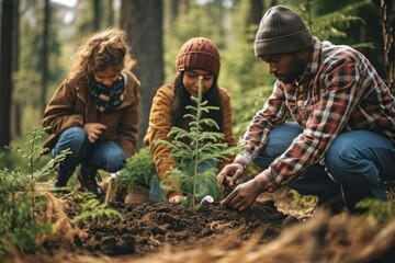 A diverse family honors a loved one's memory by jointly planting a tree in a serene forest, symbolizing life, love, and legacy, Generative AI