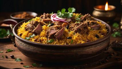 flavor with a captivating side view of a steaming plate of lamb biryani fragrant rice, succulent lamb pieces, and vibrant spices are beautifully presented on a wooden table - obrazy, fototapety, plakaty