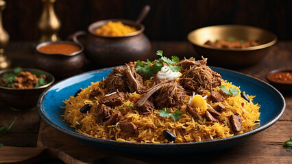 flavor with a captivating side view of a steaming plate of lamb biryani fragrant rice, succulent lamb pieces, and vibrant spices are beautifully presented on a wooden table