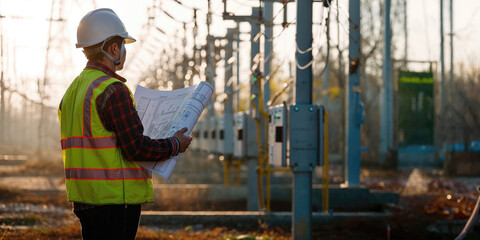 An engineer in a reflective vest and hard hat reviews architectural plans on a construction site, with the golden light of the setting sun in the background.	
