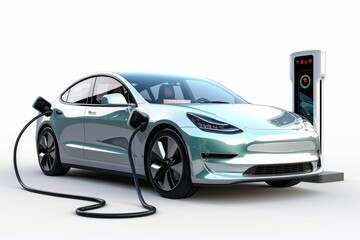 Modern electric vehicle (EV) plugged into a charging station, showcasing advanced green technology, isolated on a white background, Generative AI