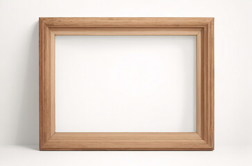 Marco vertical rectangular fino de madera clara colgado en una pared con textura blanca, plano, vista superior, ilustración 3D.