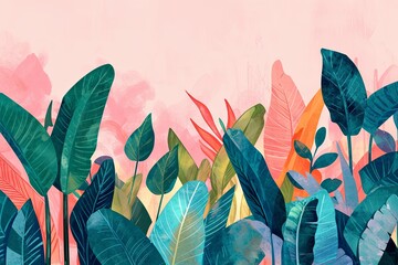 Light illustration of Individual standing rare tropical plants such as monstera, bird of paradise, calathea, and pothos with a pink sky.  - obrazy, fototapety, plakaty