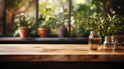 wooden desk on blurred kitchen window for product presentation