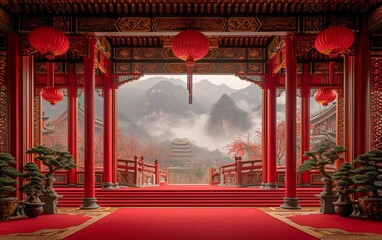 Red Carpet Entrance to a Chinese Palace with a Red Lantern Generative AI