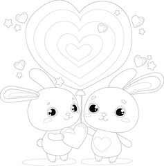 Cute graphic cartoon bunny with hearts and balloon sketch template. Valentines day vector illustration in black and white for game, background, pattern, decor. Coloring paper, page