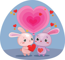 Cute colorful cartoon bunny with hearts and balloon template. Valentine's day bright vector illustration for games, background, pattern, decor. Print for fabrics and other surfaces.