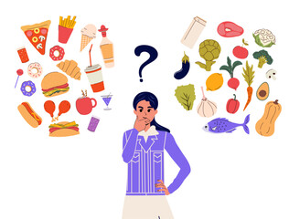 Girl in denim compares healthy and fast food in her head. Thoughts on fresh  and junk food. Vector illustration. Diet. Fresh organic and balanced food concept. Lifestyle. Set for a balanced menu. Plan