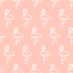 Pink seamless pattern with white outline flamingo