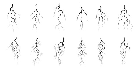 Vector lightning silhouettes set. Thunderstorm design. Vector illustration