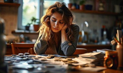 A worried young woman sits at a desk stacked with unpaid bills, her head in her hands. The chaos conveys her financial stress as a Gen Z navigating debt and economic, Generative AI - obrazy, fototapety, plakaty