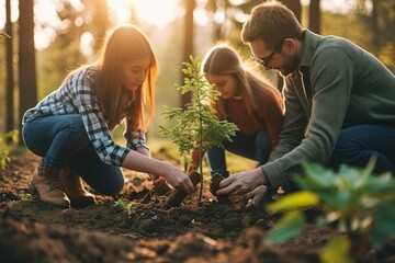 A diverse family honors a loved one's memory by jointly planting a tree in a serene forest, symbolizing life, love, and legacy, Generative AI - obrazy, fototapety, plakaty