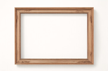 Marco vertical rectangular fino de madera clara colgado en una pared con textura blanca, plano, vista superior, ilustración 3D.