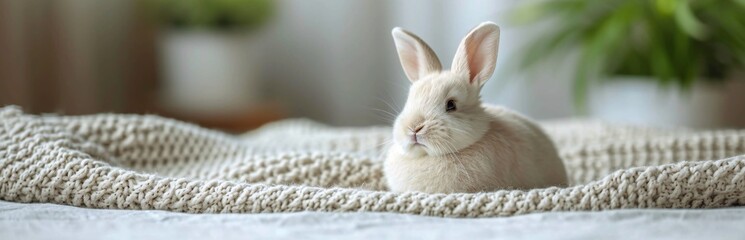 Bunny Boom: Cuddly White Rabbit in a Knitted Blanket Generative AI - obrazy, fototapety, plakaty