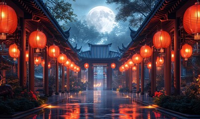 Chinese New Year Celebration: A Luminous Nighttime Stroll Through the Temple Generative AI