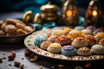Ramadan food made from assorted middle eastern sweets maamoul, basbousa, awameh. Concept of celebration traditional arabic Eid al Adha, Eid al Fitr 