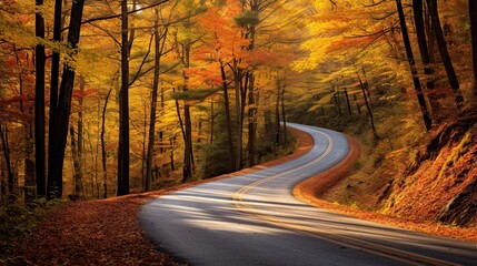 Naklejka premium Scenic country road winding through tranquil autumn foliage. Peaceful countryside drive, winding pathway, picturesque woodland scenes. Generated by AI.