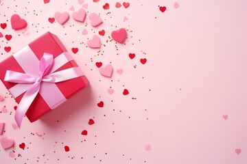 Pink gift box on a pink table with confetti in the form of hearts. Celebrating valentine's day, wedding, anniversary or birthday, love, flatlay layout, top view - obrazy, fototapety, plakaty