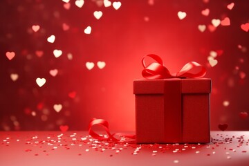 Red gift box on a red table with falling heart shaped confetti. Celebrating valentine's day, wedding, anniversary or birthday, love