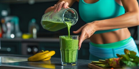 A woman in sportwear making detox smoothie at home - obrazy, fototapety, plakaty
